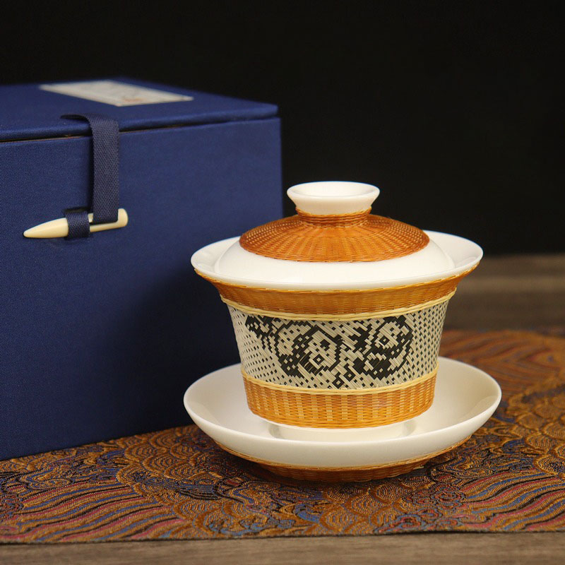 Non-preserved bamboo woven buckle porcelain panda cover bowl teacup