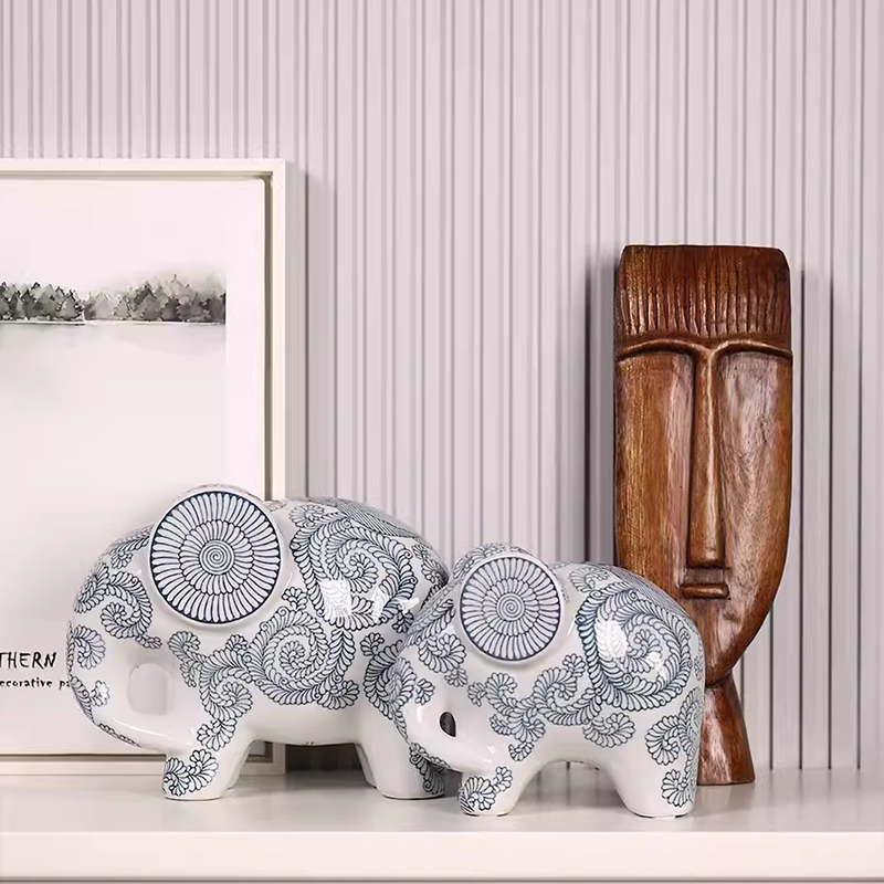 Lucky Elephant Blue Porcelain Living Room Decor
