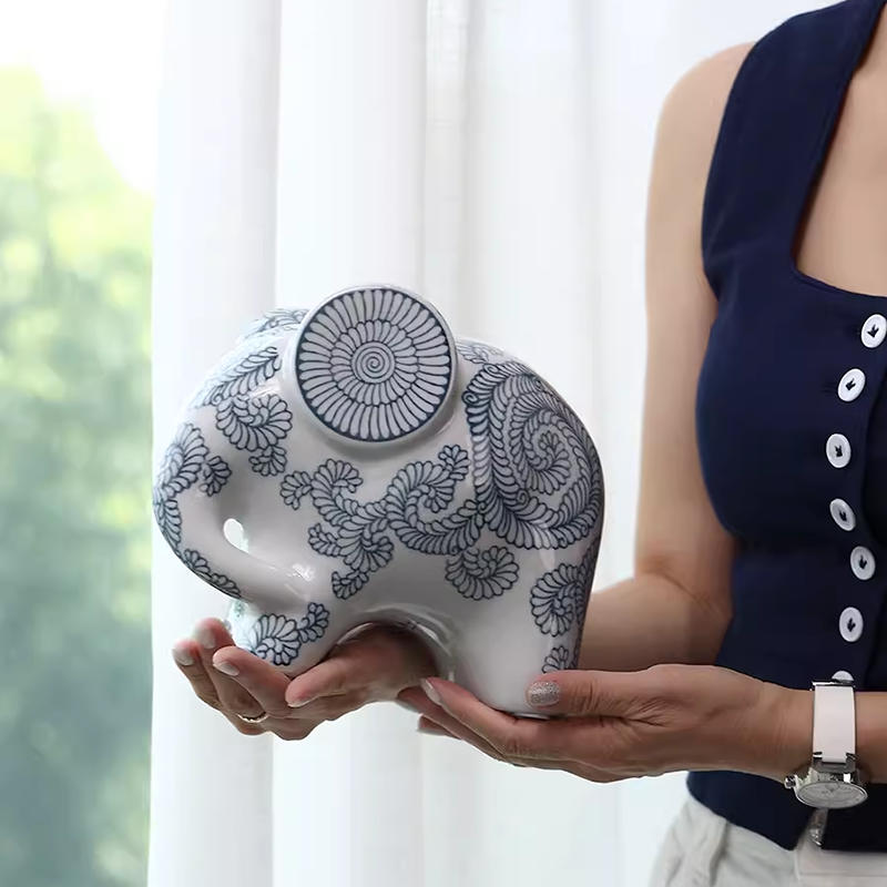 Lucky Elephant Blue Porcelain Living Room Decor