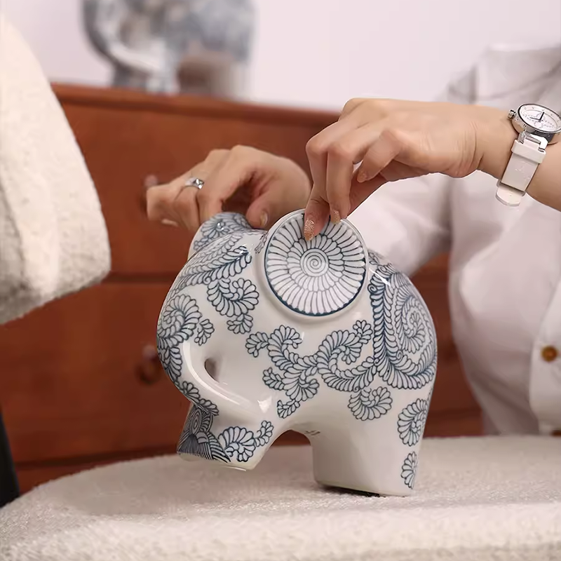 Lucky Elephant Blue Porcelain Living Room Decor